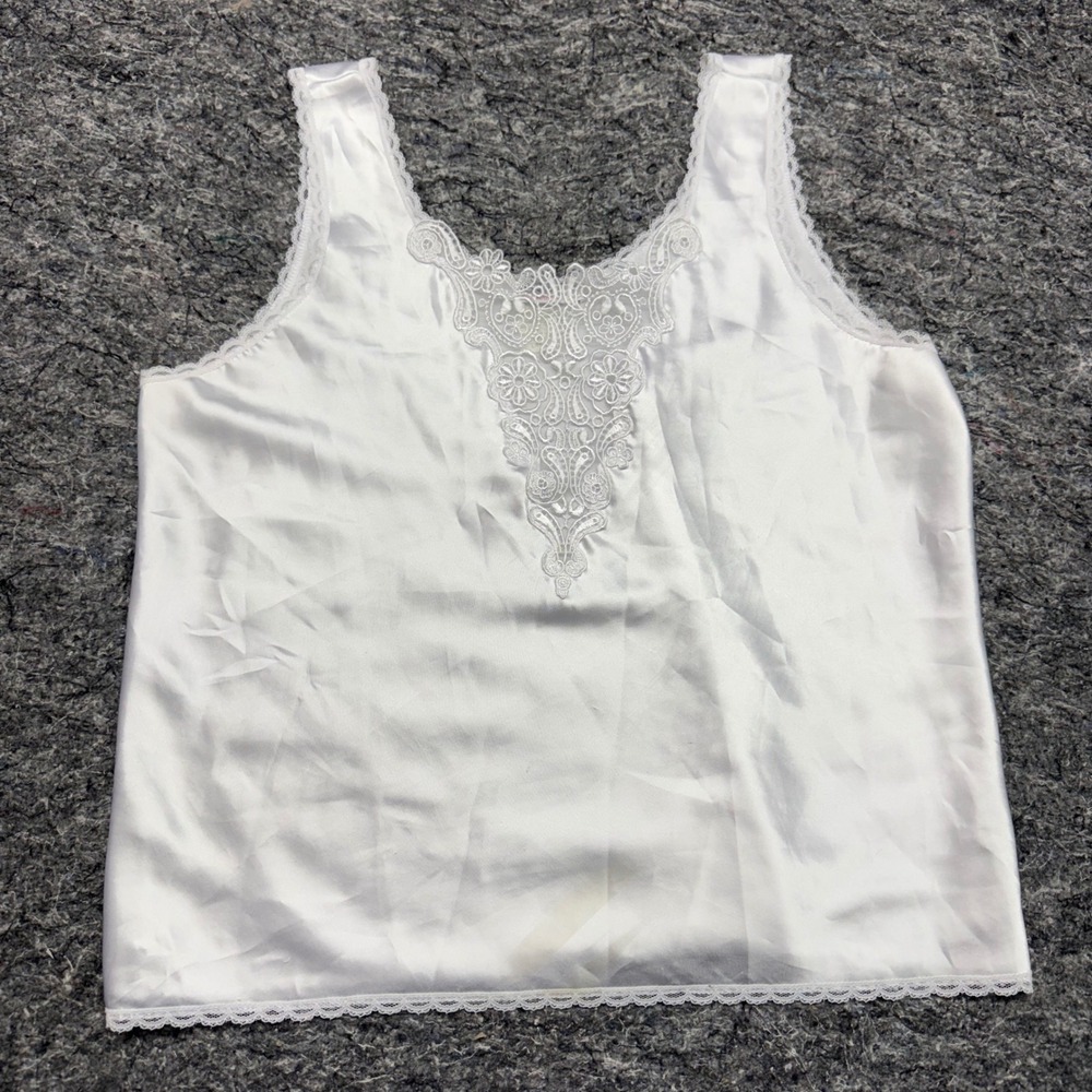 Honors Intimates Vintage White Satin Lace Trim Camisole Tank Top Large 1T 6404